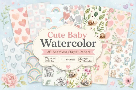 Download Cute Baby Watercolor Seamless Papers - Baby Collection