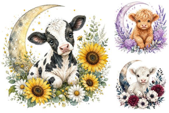 Download Cute Baby Cow Floral Crescent Moon PNG - Baby Collection