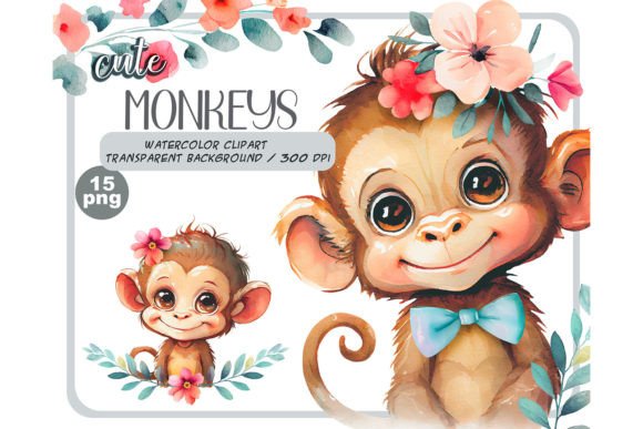 Download Watercolor Cute Baby Monkeys with Flower - Baby Collection