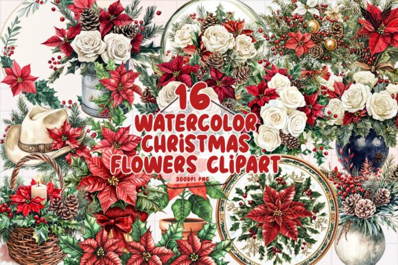 Download Watercolor Christmas Flowers Clipart PNG - Christmas flowers Collection