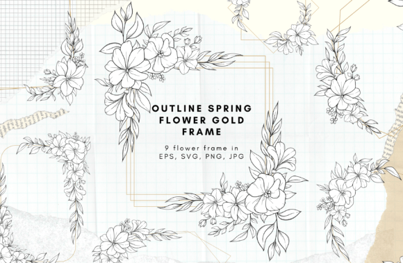 Download Outline Spring Flower Gold Frame Set - Frame set Collection